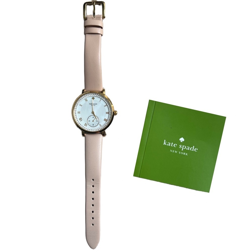 KATE SPADE NUDE AND GOLD “LIVE COLORFULLY” LEATHER WATCH WITH RHINESTONES